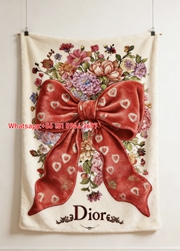 Dior Vintage Red Bow Floral Art Flannel Throw Blanket Sofa Cover Blanket D408